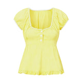 Summer Women Short Sleeve T-shirt Solid Color Low-necked Pleated Hem Casual Tops Y2K Retro Shirts
