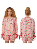 Women 2 Piece Christmas Pajama Set Santa Print Long Sleeve Button-up Tops and Elastic Waist Shorts Satin Fall Sleepwear