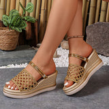 Hollow Out Gold Wedge Heels Sandals Women Plus Size 43 Chunky Platform Slippers Woman Summer Slip On Weave Thick Sole Sandles