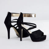Women's Sexy Peep Toe Platform 12cm High Heel Sandals with Gold Metal Classic Ankle Strap Crisscross Stiletto Heel Party Shoes
