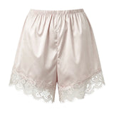 Summer Women’s Satin Lace Hem Shorts Elastic Waist Loose Fit Wide Leg Short Pants Casual Lounge Bottoms Solid Color