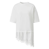 Women 3/4 Length Sleeve Crew Neck Casual Loose Fit Long Tops Summer Lace Patchwork Hem Solid Color T Shirts
