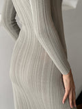 Women Spring Autumn Solid Color Bodycon Knit Dress Long Sleeve Crew Neck Ribbed Dress Slim Fit Long Dress