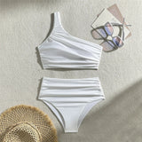New Wrinkled One Shoulder High Waist Bikini Female Swimsuit Women Swimwear Two-Pieces Bikini Set Bather Bathing Suit Swim V5857