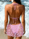 S - XL Three-pieces Bikini set With Skirt Flowers Sequins Bikini Female Swimsuit Women Swimwear Bather Bathing Suit Swim V7864