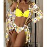 Boho Style Women's 3 Pieces Swimsuit Floral Bikini Set+Long Sleeve Cover-Up Swimwear Sexy Low Waist Tankinis Beachwear Holiday