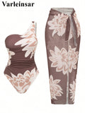 S - XL New With Skirt Printed One Shoulder Women Swimwear One Piece Swimsuit Female High Leg Cut Bather Bathing Suit Swim V8017