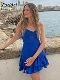 Foridol Lace Cotton Mini Summer Women Dress Sundress Party Solid Beach Zipper Smocked Short Party Sexy Vestidos Beach Robe