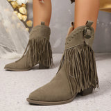 Women Ankle Boots Autumn  Suede Chelsea Boots Pointed Toe Tassel High Heel Shoe Rivet Fashion Retro Cowboy Boots Botas Mujer