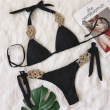 5 Colors Sexy Bikini Women Solid Hand-woven Knot Swimwear Swimsuit Female Bandage Halter Beach Bikini Set Bathing Suit Banadores