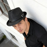 Fashion Men Jazz Fedora Hat Summer Straw Beach Sun Hat Short Brim Trilby with Belt Breathable Buckle Panama Cap