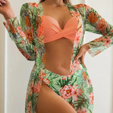 Boho Style Women's 3 Pieces Swimsuit Floral Bikini Set+Long Sleeve Cover-Up Swimwear Sexy Low Waist Tankinis Beachwear Holiday