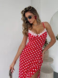 Ahagaga Fashion Women's Polka Dot Dresses Lace Patchwork Camisole Slit Slim Fit Sexy Female Casual Outfit Summer Beach Vestidos