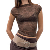 Women Summer Solid Color Sheer Lace Crop Tops Cap Sleeve Scoop Neck Solid Color T-Shirts