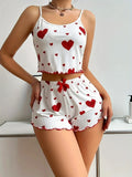 Sweet Heart Print Pajama Set for Women Cute Sleeveless Cami Top and Ruffle Shorts Soft Ribbed Knit Loungewear Adorable Pjs