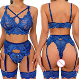 Blue Hot Erotic Mesh Exquisite Lingerie Set Women Lace Bra & Panty &Garter Set Sexy Costume Solid Exotic Lingerie For Ladies