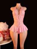 Pink Sexy Lace Bodysuits Crotchless Deep V Open Teddy Babydoll Sheer Sleepwear Elegant & Seductive Erotic Lingerie For Women
