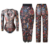 S - XXL 3PCS New Printed Long Sleeve With Pants Sarong Women Swimwear One Piece Swimsuit Female Bather Bathing Suit Swim K7180