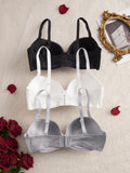 3PCS Plus Size Women's Underwear Set Lace Trim Ribbed Push up Bra Wide Shoulder Straps Underwire Thin Cup Comfy Lingerie Bra