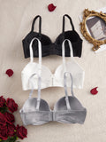 3PCS Plus Size Women's Underwear Set Lace Trim Ribbed Push up Bra Wide Shoulder Straps Underwire Thin Cup Comfy Lingerie Bra