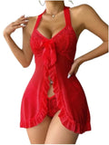 Women Lace See through Slips Sexy Lingerie Dress Underwear Erotic Babydolls with Thongs Ruffles & Bow Decor Set
