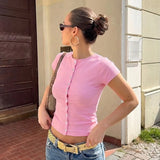 FDYOUI Pink T-shirts 2026 Summer Woman Clothes O-neck Single Breasted Cardigan Tops Female Short Sleeve Slim T Shirt Streetwear