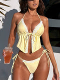 DEKA 2026 New Yellow Lace-up Bikini Set Two-Piece Swimsuit Women High Elastic Sexy Triangle Cup Swimwear Set No Sleeve