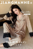 2026 Pajamas for Women Ice Silk Sexy Lace Small Leopard Print Long Sleeve Home Clothes Pajamas Set Can Be Weared Outside