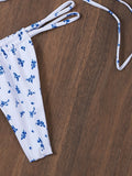 Sexy blue floral print front knot bikinis sets two pieces thong swimsuit Swimwear bathing suit beach outfits biquini tankini