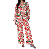 Women's Christmas Pajama Sets Fashionable Lapel V Neck Long Sleeve Printed Tops with Pants 2 Pieces Soft Sleepwear