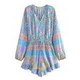 Long Sleeve Spring Summer Short Jumpsuit Women Printed Bohemian Wide Leg Playsuit Female Romper Ruffles Rayon Boho Overalls 2025