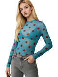 Women’s Spring Summer Crew Neck Mesh T-Shirts Long Sleeve Dots Print Slim Fit Transparent Classic Tops