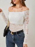 European and American elegant scalloped neckline, off-the-shoulder lace slim fit T-shirt long-sleeved top