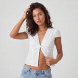 Women's Solid Color Short Sleeve Tops Eyelet V Neck Button Down Slim Fit Shirts Fashion Summer Retro Casual Cropped Blouse