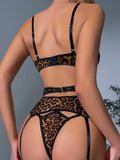 Leopard Printed Bra and Panty Set Women Underwear Sexy Lingerie See-Through Mesh Erotic Three-Piece with Garter Set