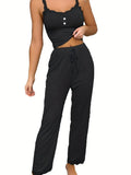 Women’s Summer Lace Trim Pajama Set, Ribbed Cami Top and Long Pants, Soft Casual Loungewear Sleepwear for Ladies