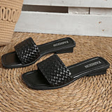 Classic Plus Size Woven Slippers for Women Summer Square Toe Low Heel Slides Sandals Woman Outdoor Pu Leather Beach Flip Flops