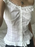 Phantasy Y2K Women Tops White Lace T-Shirt Button Tees Vintage French Style Tops 2025 Spring Summer Tops Female Streetwear