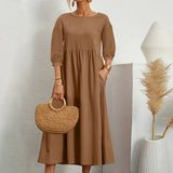 Womens Casual Summer Cotton Dress With Pockets 3/4 Sleeve Loose Midi Shirt Dress Women Dresses With Short Sleeves Vestidos