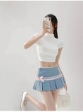 Striped Contrasting Color Bow Lace Splicing Pleated Skirt Women 2026 Summer American Style Low Waist  A-line Short Skirt UBFK