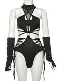 Hollow Out Sexy Cyber Y2k Bodysuits Gothic Mesh Patchwork Tops Female Glove Sleeve Mock Neck Bodysuit Fashion P4ZQ