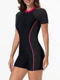 2026 Zipper Slim One Piece Swimsuit Women Padded Short Sleeve Swimwear Female Bather Bathing Swimming Swim Surf Suit Beachwear
