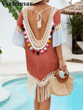 Splicing Tassels Half Sleeve Crochet Knitted Tunic Beach Dress Beach Wear Beachwear Beach Cover Up Cover-upsFemale Women V6631