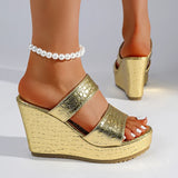Chunky Wedges Gold Sandals Women Plus Size 42 High Heel Platform Slippers Woman Snake Pattern Pu Leather Summer Sandles Female