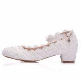 Women 3CM High Heels White Lace Pearl Wedding Shoes Sexy Bride Party  Pointed Toe Shallow Mouth Pumps Shoe Bridesmaid  Pink