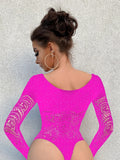 Toucheart Sexy Lingerie Long Sleeve Women's Jumpsuit Hollow Bikini One Piece Sexy Jacquard Solid Color Mesh See-through Bodysuit