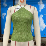 Women's Solid Color Knit Halter Neck Vest Summer Sleeveless Open Back Slim Fit Crochet Sequins Tank Tops