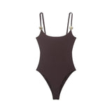 Black And Brown Spaghetti Strap Bodysuits With Rose Gold Button Decor Elegant Slim Fit Shapewear For Women Nightclub Wear 4UMT