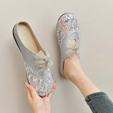 Women Mesh Sequins Slippers Outdoor Retro Slides for Girls Flat Heeled Summer Mules Female Bling Shoes with Bow Sweet Sandals