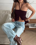Phantasy Fashion Halter Crop top Fashion Brown Tank Top Women Sexy Split Camisole Lady Night Out Streetwear 2026 Summer Clothing